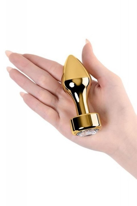 Gold anal plug TOYFA Metal with white round-shaped gem , length 7 cm, diameter 2-3,5 cm, weight 140 gr Boss of toys