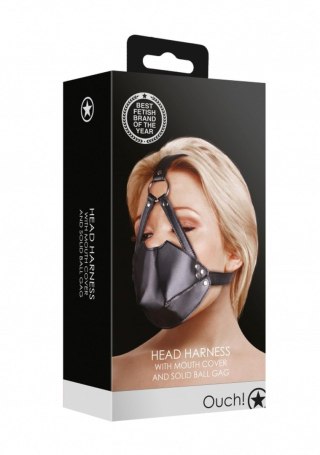 Head Harness with Mouth Cover and Solid Ball Gag - Black SHOTS