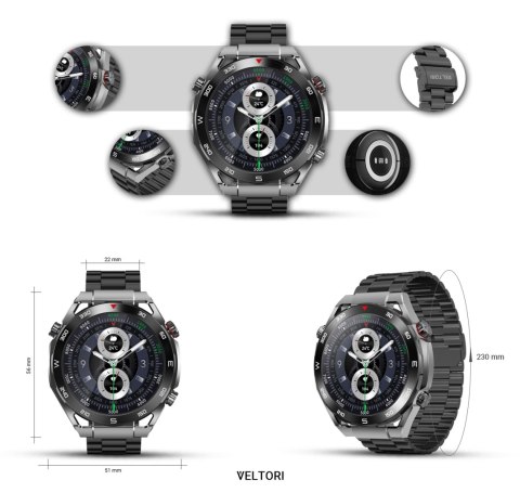 Smartwatch VELTORI VT100-1 + Czarny Pasek Silikonowy + Czarny Eko Skóra VELTORI