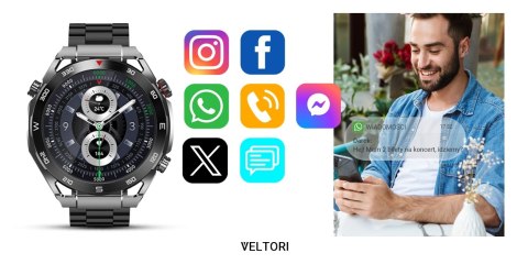 Smartwatch VELTORI VT100-1 + Czarny Pasek Silikonowy + Czarny Eko Skóra VELTORI