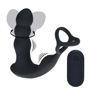 Dual Vibrating Remote Rotating Head Silicone Prostate Stimulator with Cock and Ball Ring - Black SHOTS