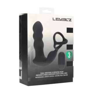 Dual Vibrating Remote Rotating Head Silicone Prostate Stimulator with Cock and Ball Ring - Black SHOTS