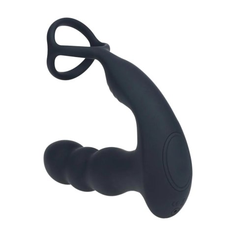 Dual Vibrating Remote Rotating Head Silicone Prostate Stimulator with Cock and Ball Ring - Black SHOTS