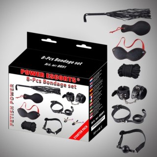 Bondage set 8 pcs black cuffs / collar/ mask/ whipp/ clamps/rope etc POWER ESCORTS