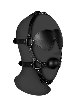 Blindfolded Head Harness with Solid Ball Gag - Black SHOTS