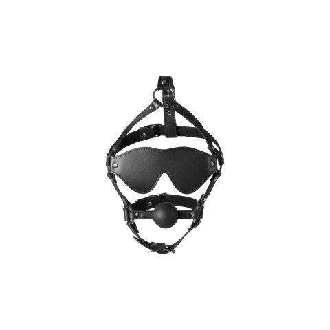 Blindfolded Head Harness with Solid Ball Gag - Black SHOTS