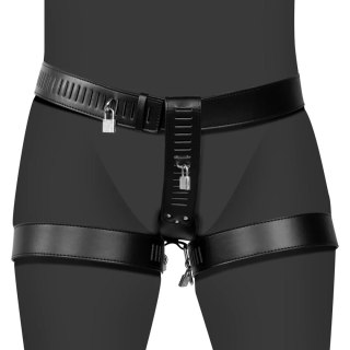 PU Leather Female Chastity Belt with Leg Restraint - Black SHOTS