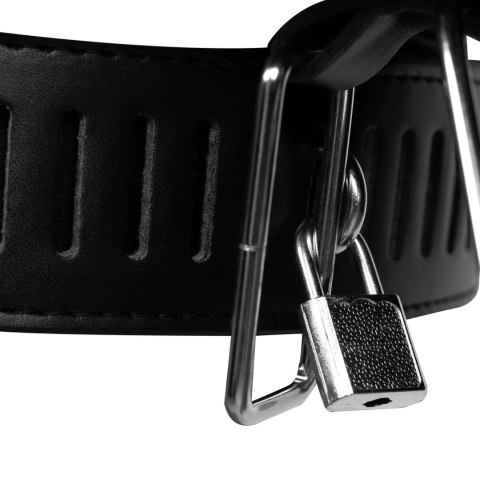 PU Leather Female Chastity Belt with Leg Restraint - Black SHOTS