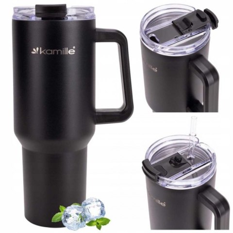 STALOWY KUBEK TERMICZNY TERMOS 1200ml Z RĄCZKĄ I SŁOMKĄ KM-2172 Kamille