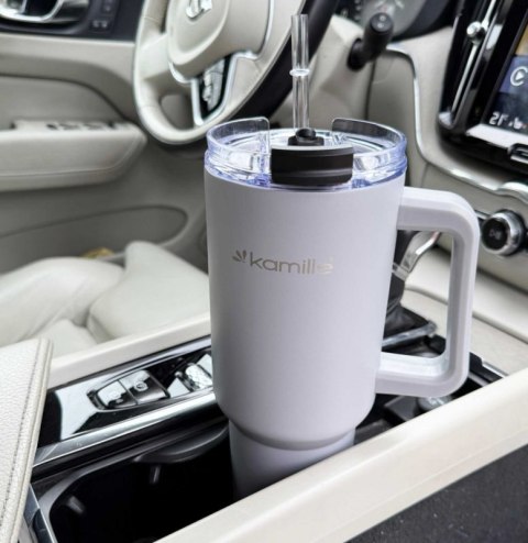 STALOWY KUBEK TERMICZNY TERMOS 1200ml Z RĄCZKĄ I SŁOMKĄ KM-2173 Kamille