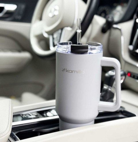 STALOWY KUBEK TERMICZNY TERMOS 1200ml Z RĄCZKĄ I SŁOMKĄ KM-2173 Kamille