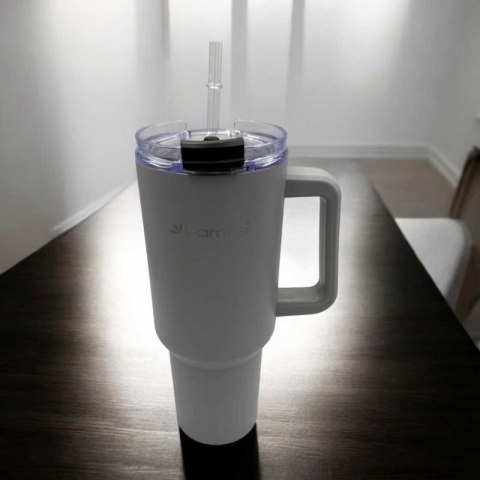 STALOWY KUBEK TERMICZNY TERMOS 1200ml Z RĄCZKĄ I SŁOMKĄ KM-2173 Kamille