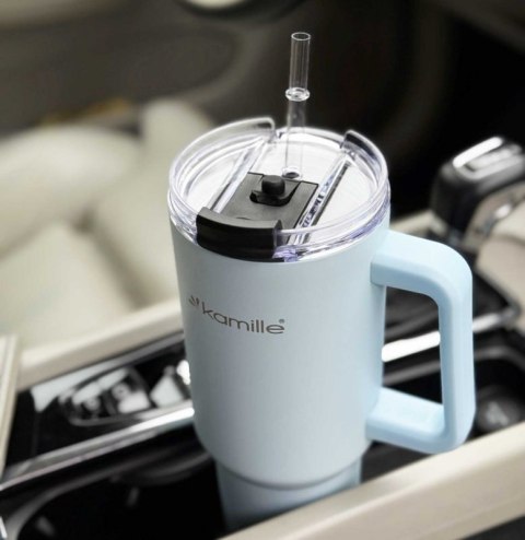 STALOWY KUBEK TERMICZNY TERMOS 1200ml Z RĄCZKĄ I SŁOMKĄ KM-2174 Kamille