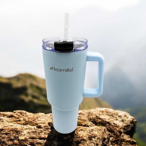 STALOWY KUBEK TERMICZNY TERMOS 1200ml Z RĄCZKĄ I SŁOMKĄ KM-2174 Kamille