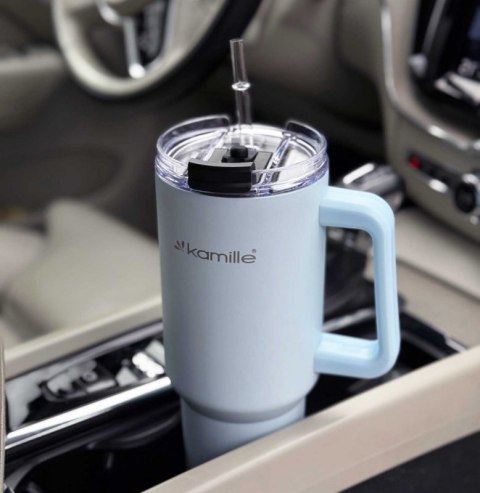 STALOWY KUBEK TERMICZNY TERMOS 1200ml Z RĄCZKĄ I SŁOMKĄ KM-2174 Kamille