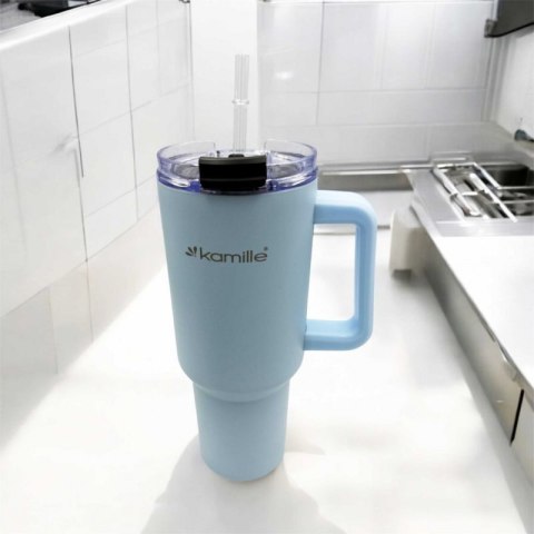 STALOWY KUBEK TERMICZNY TERMOS 1200ml Z RĄCZKĄ I SŁOMKĄ KM-2174 Kamille