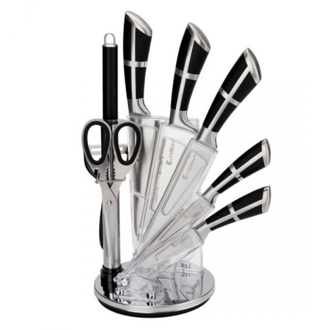 ZESTAW 9 ELEM. NOŻY KUCHENNYCH W STOJAKU Z OSTRZAŁKĄ I NOŻYCAMI E-6262 Elitehoff