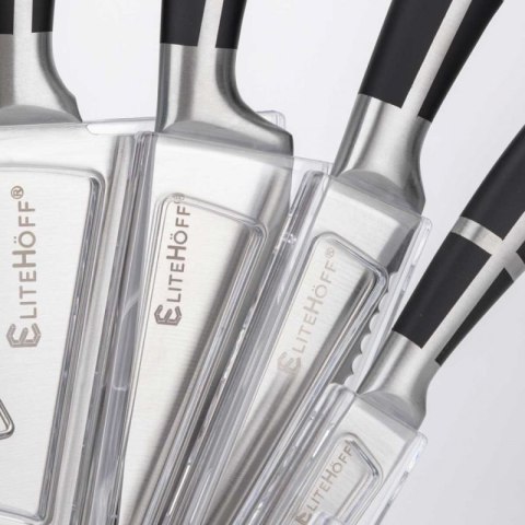 ZESTAW 9 ELEM. NOŻY KUCHENNYCH W STOJAKU Z OSTRZAŁKĄ I NOŻYCAMI E-6262 Elitehoff