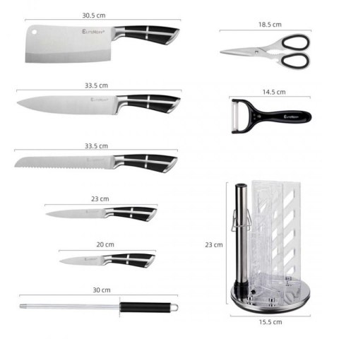 ZESTAW 9 ELEM. NOŻY KUCHENNYCH W STOJAKU Z OSTRZAŁKĄ I NOŻYCAMI E-6262 Elitehoff
