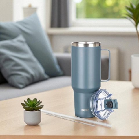 STALOWY KUBEK TERMICZNY TERMOS 1200ml Z RĄCZKĄ I SŁOMKĄ BANQUET TWAIN SZARY Banquet