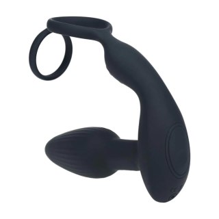 Dual Vibrating Remote Rotating Beads Silicone Prostate Stimulator with Cock and Ball Ring - Black Levelz