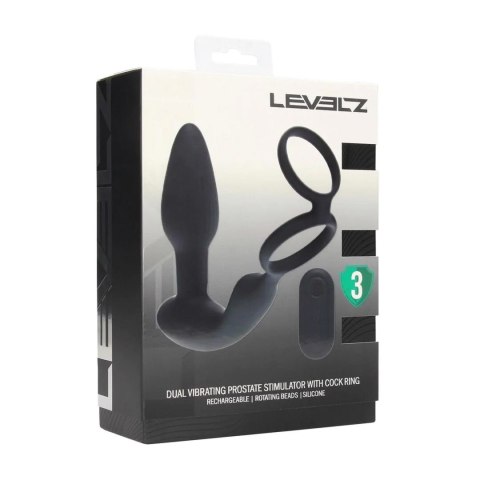 Dual Vibrating Remote Rotating Beads Silicone Prostate Stimulator with Cock and Ball Ring - Black Levelz