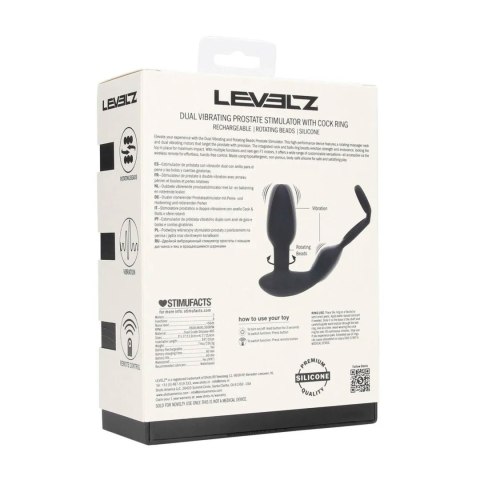 Dual Vibrating Remote Rotating Beads Silicone Prostate Stimulator with Cock and Ball Ring - Black Levelz
