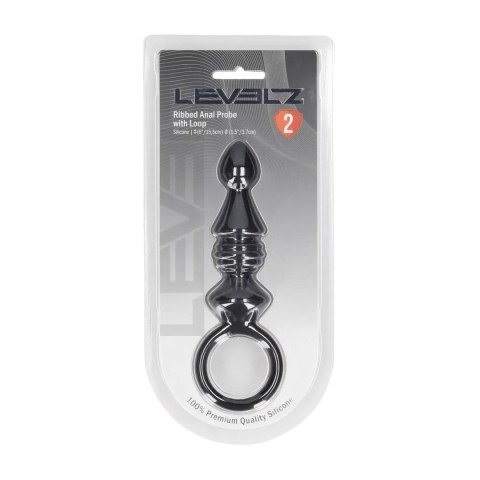 Ribbed Silicone Anal Probe with Loop - Black Levelz