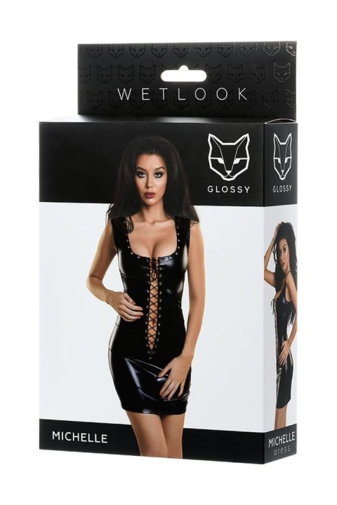 Glossy Shiny Wetlook dress with a lace MICHELLE - black M Glossy