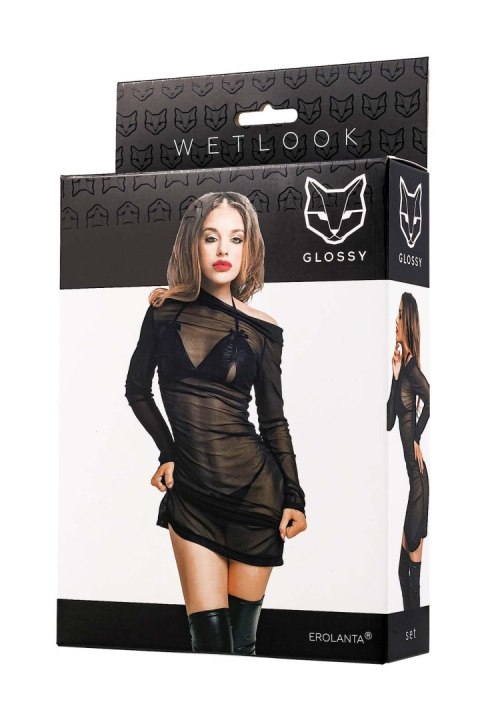 Glossy Sheril, set (dress, bra +panties), wetlook, black, XL Glossy