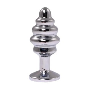 Silver medium ribbed butt plug with pink crystal Fantasy