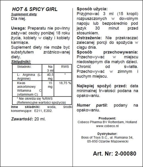 Supl.diety-Hot Spicy Girl 20ml Cobeco Pharma Wholesale BV