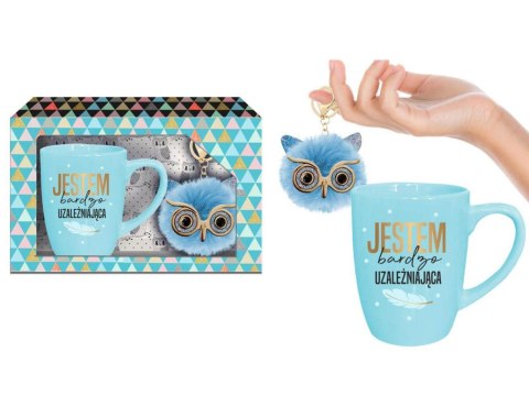 Kubek-Jestem bardzo uzależniająca - zestaw kubek Baryłka pastel 300ml niebieski + brelok sówka House of Mugs