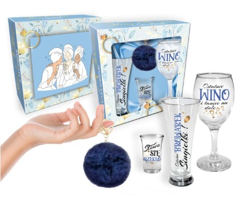 NIEZBĘDNIK PANIEŃSKI-zestaw: szklanka do piwa 300ml, kieliszek do wina 220ml, kieliszek do wódki 35ml + brelok granat House of Mugs