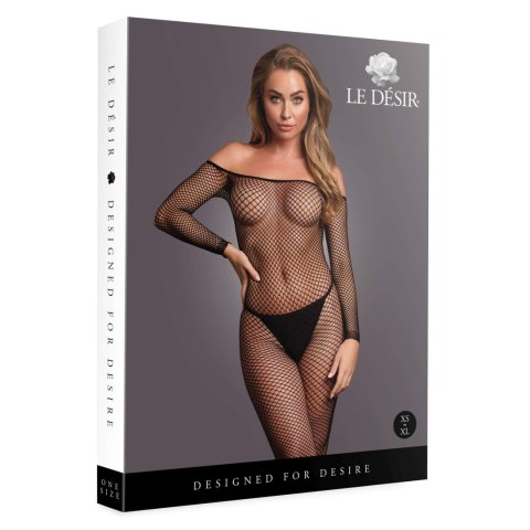 Bodystocking with off shoulder neckline, fishnet structure and open crotch. SHOTS
