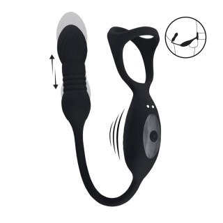 Vibrating and Thrusting Silicone Tri O Cockring with Prostate Stimulator - Black SHOTS