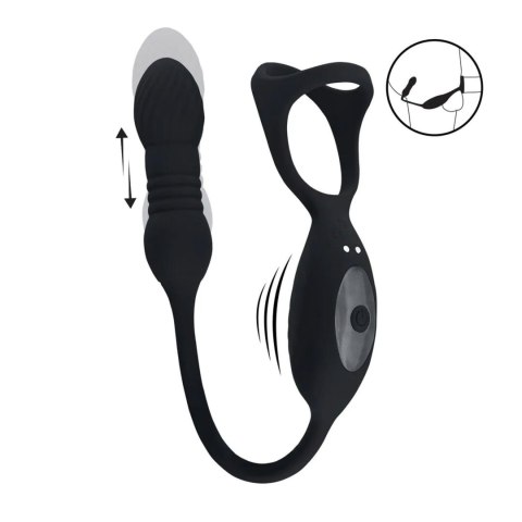 Vibrating and Thrusting Silicone Tri O Cockring with Prostate Stimulator - Black SHOTS