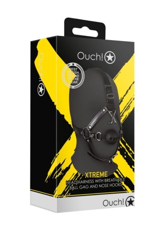Head Harness with Breathable Ball Gag and Nose Hooks - Black SHOTS
