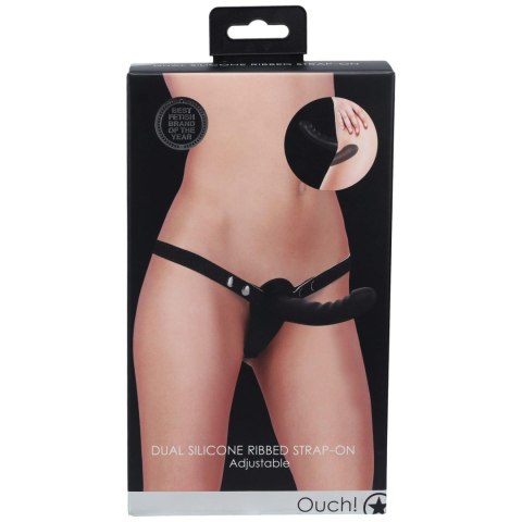 Ouch! - Dual Silicone Ribbed Strap-On - Adjustable - Black SHOTS