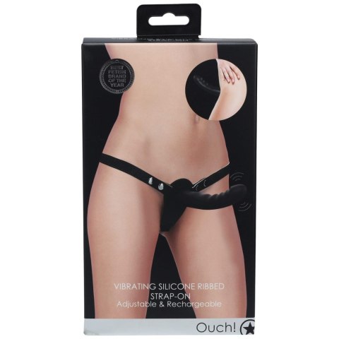 Ouch! - Vibrating - Rechrgeable - 10 Speed Silicone Ribbed Strap-On - Adjustable - Black SHOTS