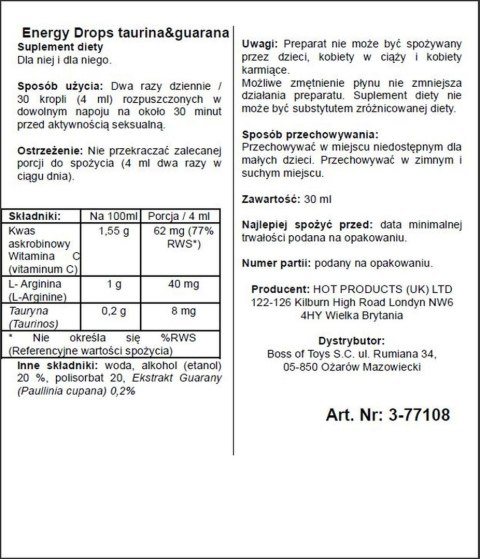 Supl.diety-Energy Drops-30ml Taurin & Guarana (m+w) HOT Productions & Vertriebs GmbH