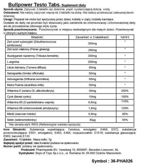 Bull Power Testo Tabs - Stimulating Tablets Pharmquests