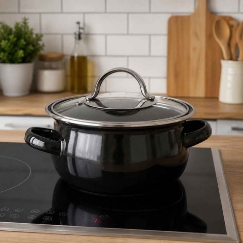 GARNEK EMALIOWANY 14cm Z POKRYWĄ BANQUET METALLIC BLACK 0,7L Banquet