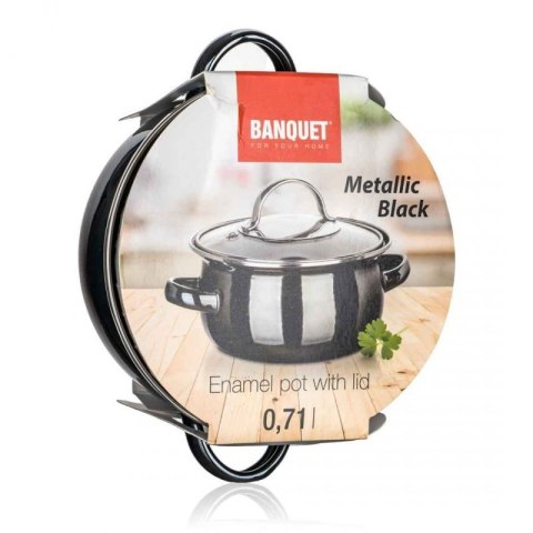 GARNEK EMALIOWANY 14cm Z POKRYWĄ BANQUET METALLIC BLACK 0,7L Banquet