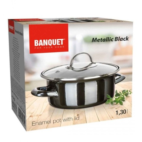 GARNEK EMALIOWANY 18cm 1,3L Z POKRYWĄ BANQUET METALLIC BLACK Banquet